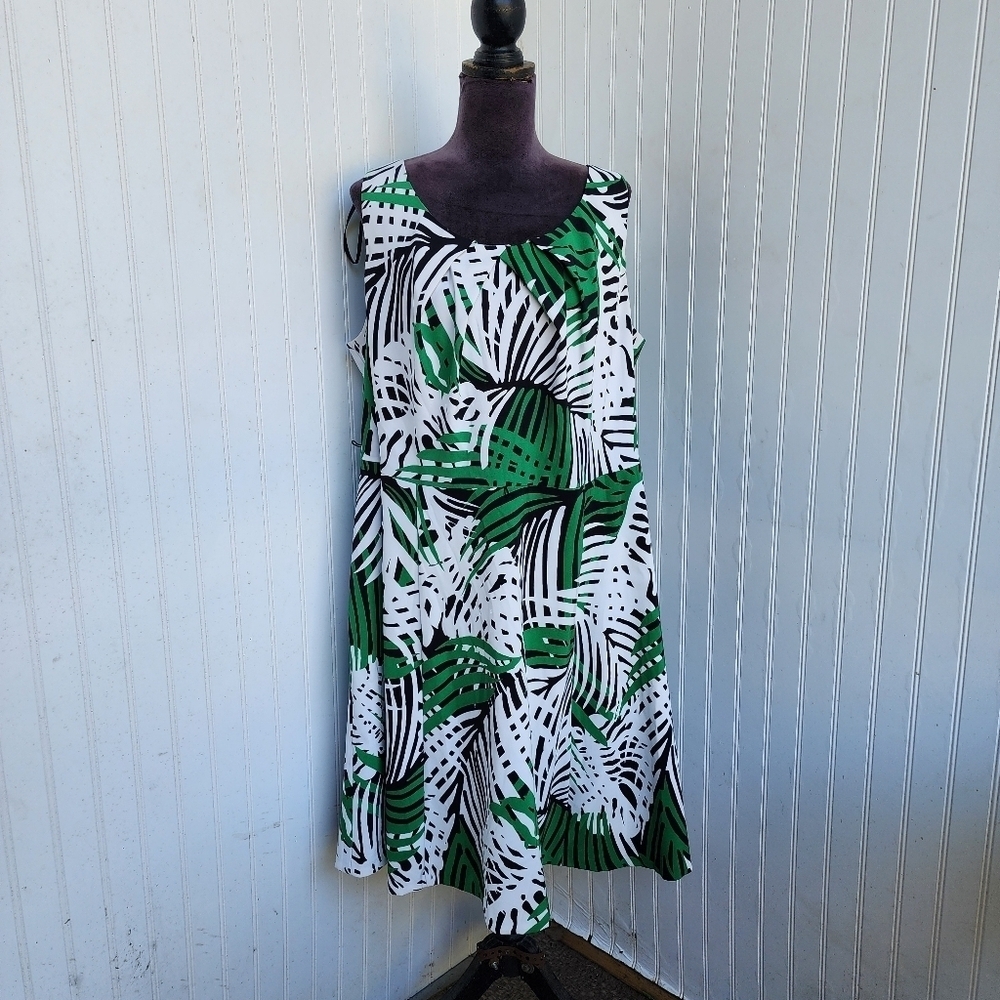 DB Signature Tropical Darby Dress Fit & Flare Black White Green Print Sz 18W